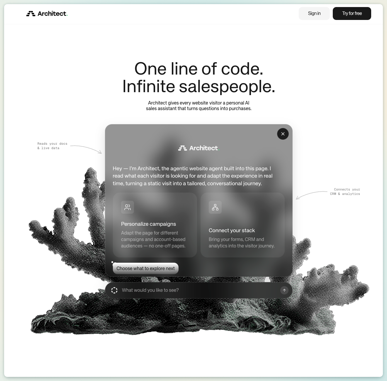 Architect landing page — One line of code, infinite salespeople