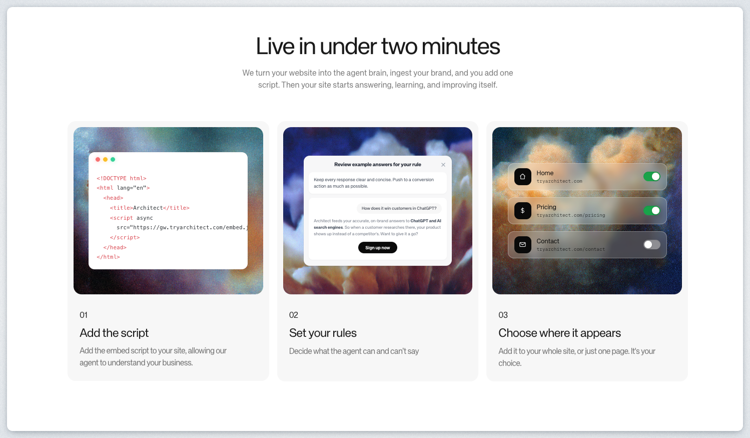 Architect onboarding — live in under two minutes
